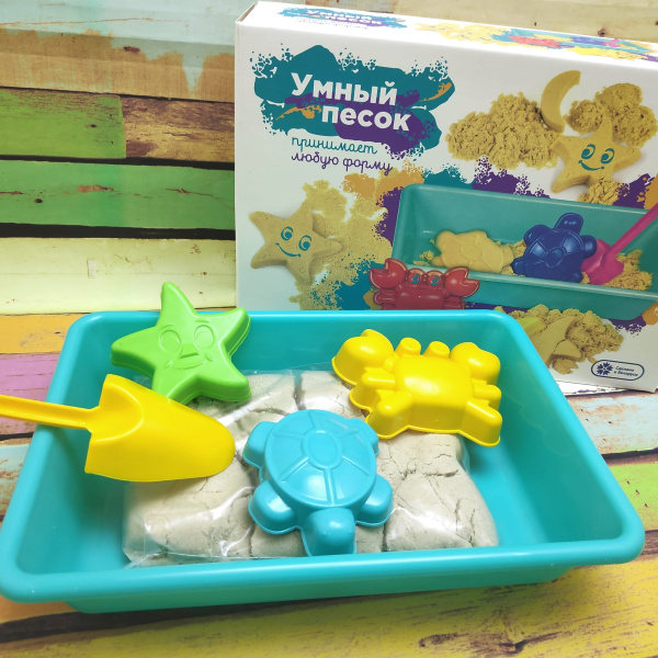 Кинетический Умный песок GENIO KIDS с песочницей, 1000g (песок 1 кг, песочница, лопатка, 3 формочки)